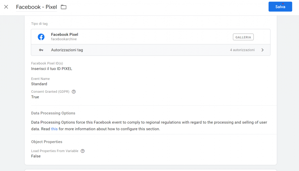 Modello Facebook Pixel per Google Tag Manager