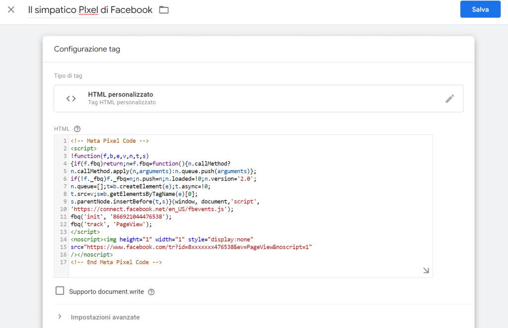 Tag HTML con script Pixel di Facebook